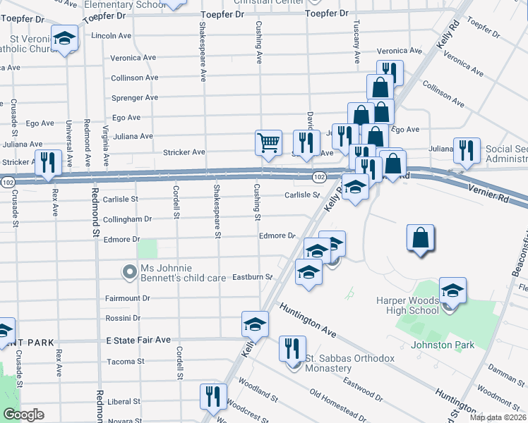 map of restaurants, bars, coffee shops, grocery stores, and more near 16845 Collingham Drive in Detroit