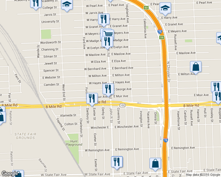map of restaurants, bars, coffee shops, grocery stores, and more near 20848 John R Rd in Hazel Park