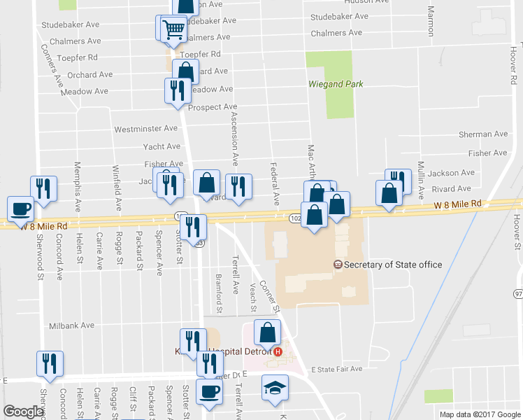 map of restaurants, bars, coffee shops, grocery stores, and more near 8281 Michigan 102 in Warren