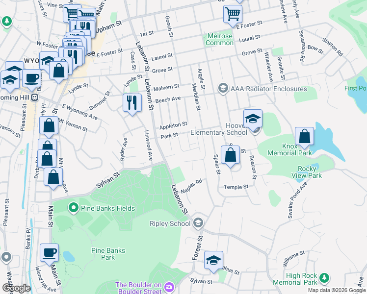 map of restaurants, bars, coffee shops, grocery stores, and more near 42 Fairfield Avenue in Melrose