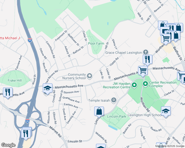 map of restaurants, bars, coffee shops, grocery stores, and more near 28 Columbus Street in Lexington