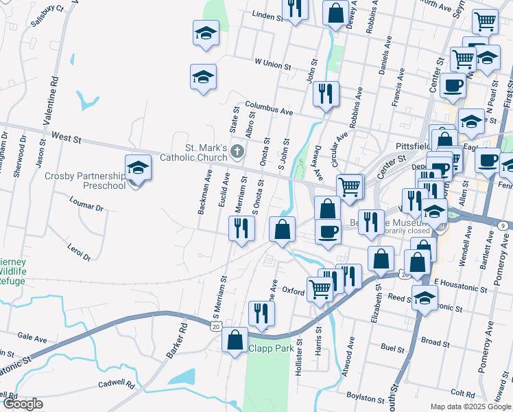 map of restaurants, bars, coffee shops, grocery stores, and more near 45 Merriam Street in Pittsfield