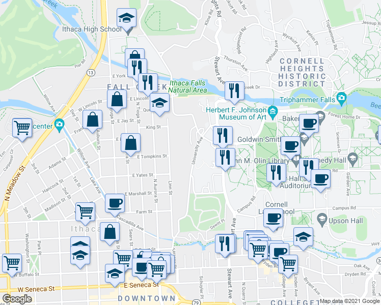 map of restaurants, bars, coffee shops, grocery stores, and more near 467-575 University Avenue in Ithaca