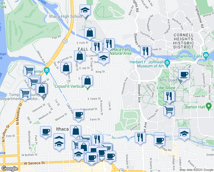map of restaurants, bars, coffee shops, grocery stores, and more near 408 East Tompkins Street in Ithaca