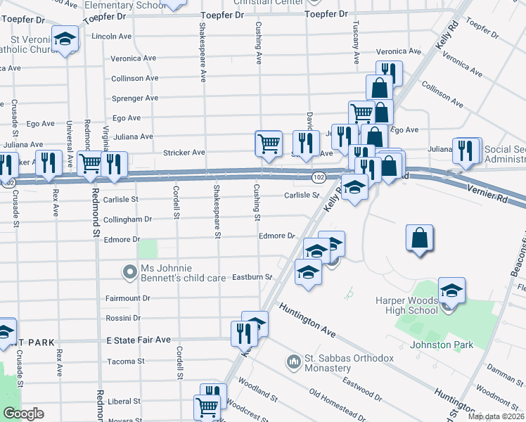 map of restaurants, bars, coffee shops, grocery stores, and more near 16845 Collingham Drive in Detroit