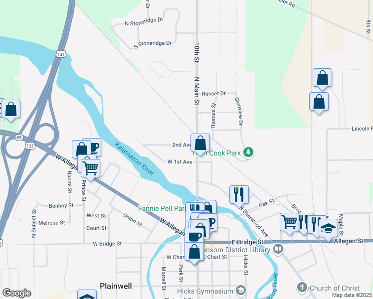 map of restaurants, bars, coffee shops, grocery stores, and more near 517 North Main Street in Plainwell