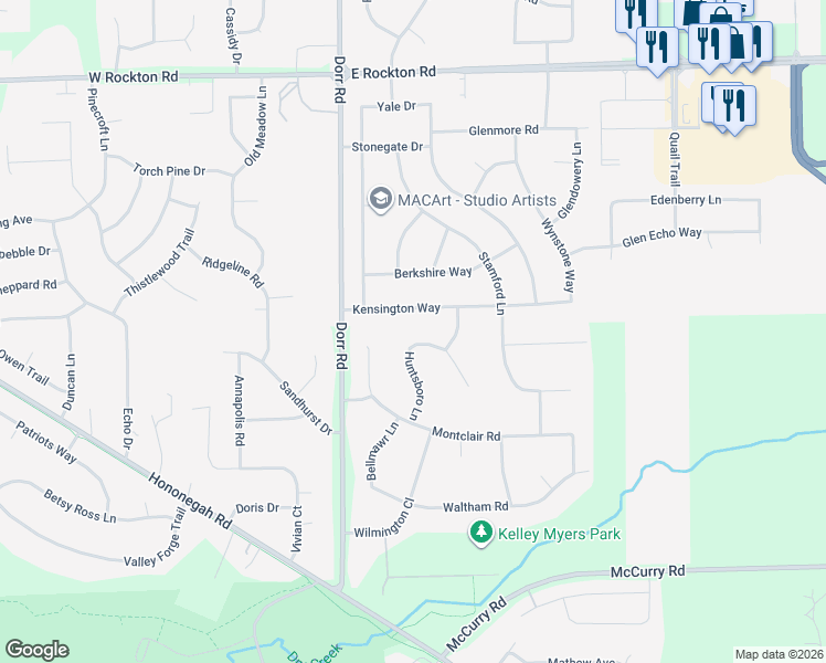 map of restaurants, bars, coffee shops, grocery stores, and more near 4102 Gloucester Road in Roscoe