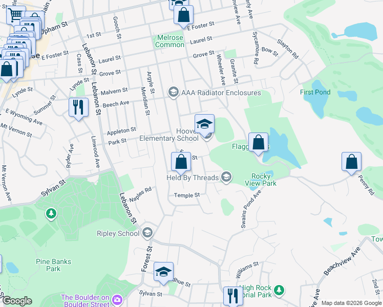 map of restaurants, bars, coffee shops, grocery stores, and more near 56 Grandview Avenue in Melrose