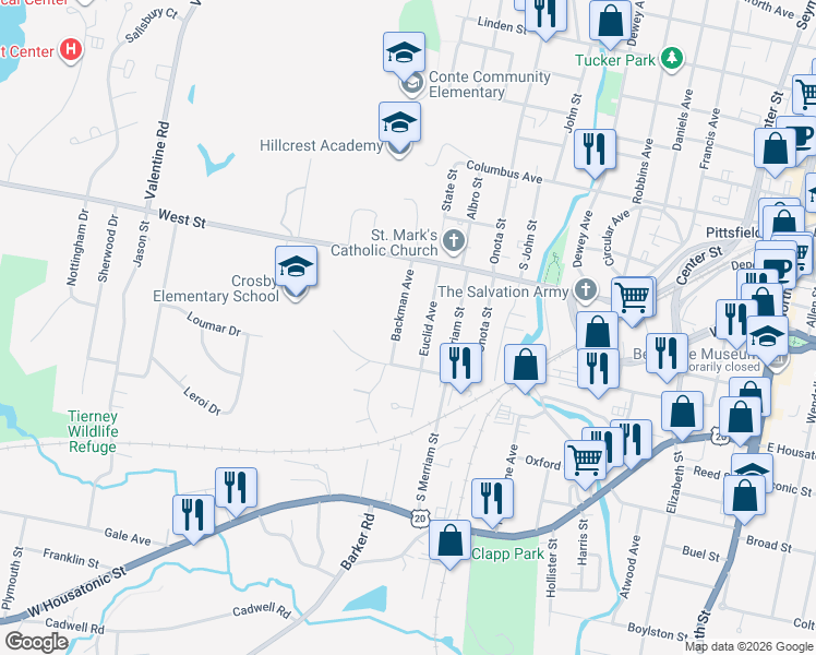map of restaurants, bars, coffee shops, grocery stores, and more near 64 Backman Avenue in Pittsfield