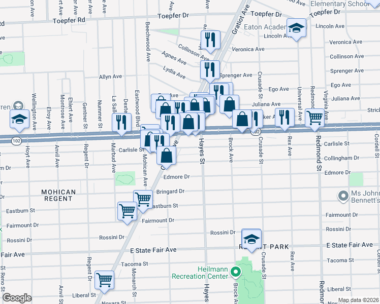 map of restaurants, bars, coffee shops, grocery stores, and more near 15018 Carlisle Street in Detroit