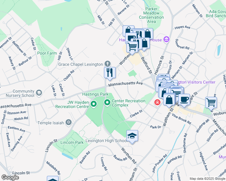 map of restaurants, bars, coffee shops, grocery stores, and more near 5 Parker Street in Lexington