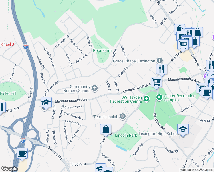 map of restaurants, bars, coffee shops, grocery stores, and more near 5 Lake Street in Lexington