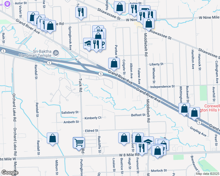map of restaurants, bars, coffee shops, grocery stores, and more near 30225 Timberidge Circle in Farmington Hills