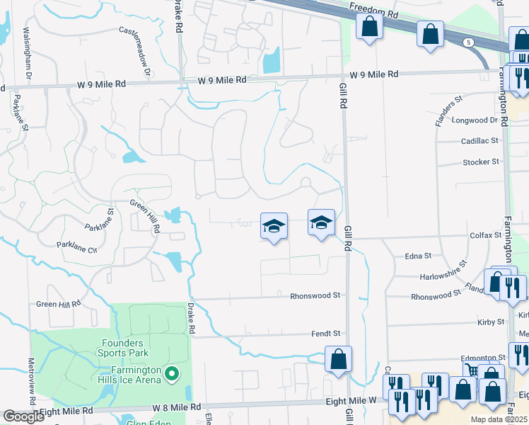 map of restaurants, bars, coffee shops, grocery stores, and more near 34820 Bridgeman Street in Farmington Hills