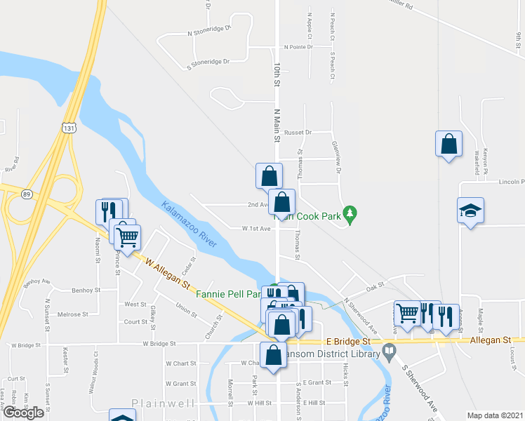map of restaurants, bars, coffee shops, grocery stores, and more near 121 2nd Avenue in Plainwell