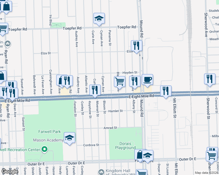 map of restaurants, bars, coffee shops, grocery stores, and more near 20735 Panama Street in Warren