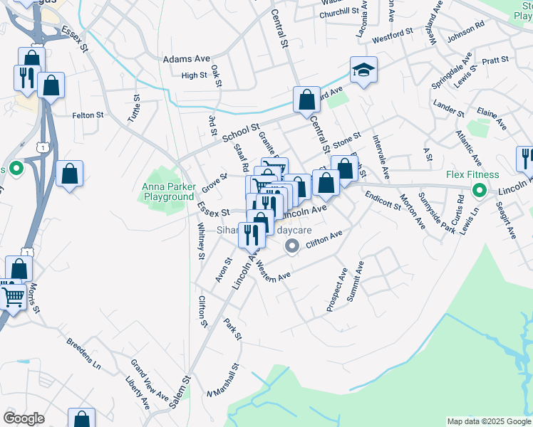 map of restaurants, bars, coffee shops, grocery stores, and more near 5 Essex Street in Saugus