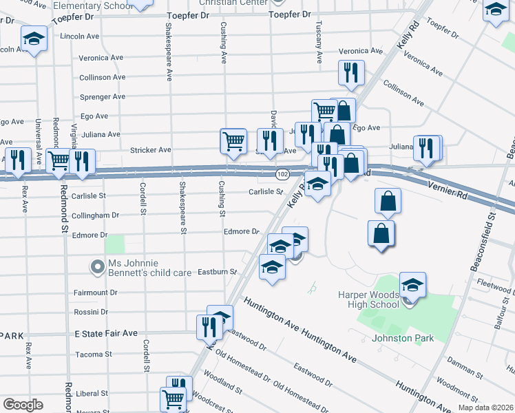 map of restaurants, bars, coffee shops, grocery stores, and more near 16907 Collingham Drive in Detroit