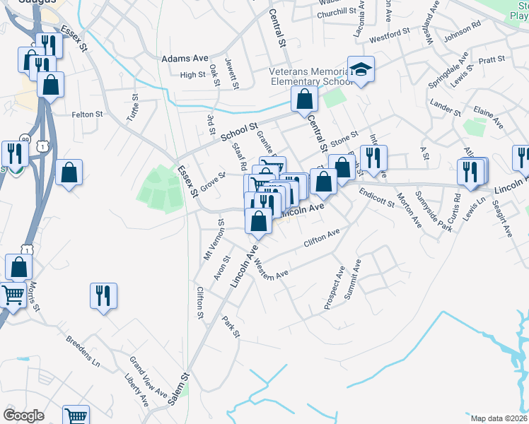 map of restaurants, bars, coffee shops, grocery stores, and more near 5 Essex Street in Saugus