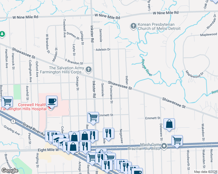 map of restaurants, bars, coffee shops, grocery stores, and more near 21373 Poinciana Street in Southfield