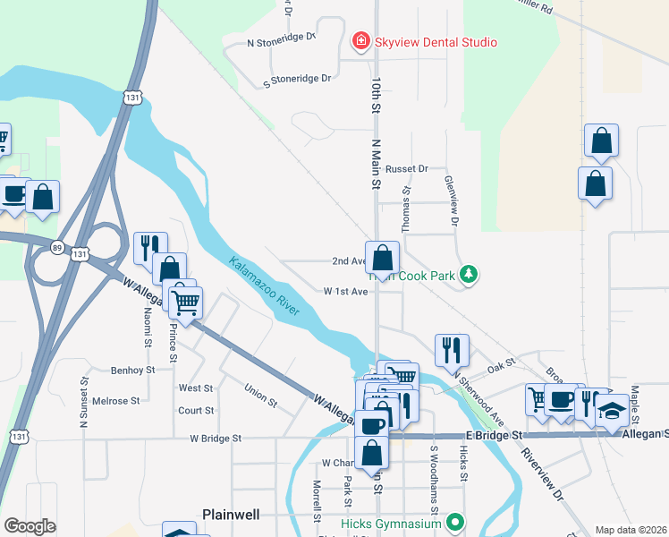 map of restaurants, bars, coffee shops, grocery stores, and more near 145 2nd Avenue in Plainwell