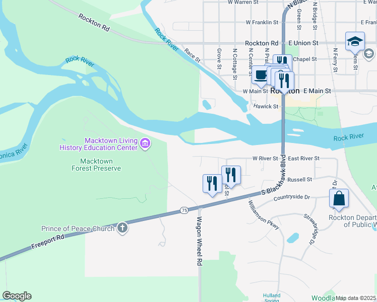 map of restaurants, bars, coffee shops, grocery stores, and more near 539 Trading Post Trail in Rockton