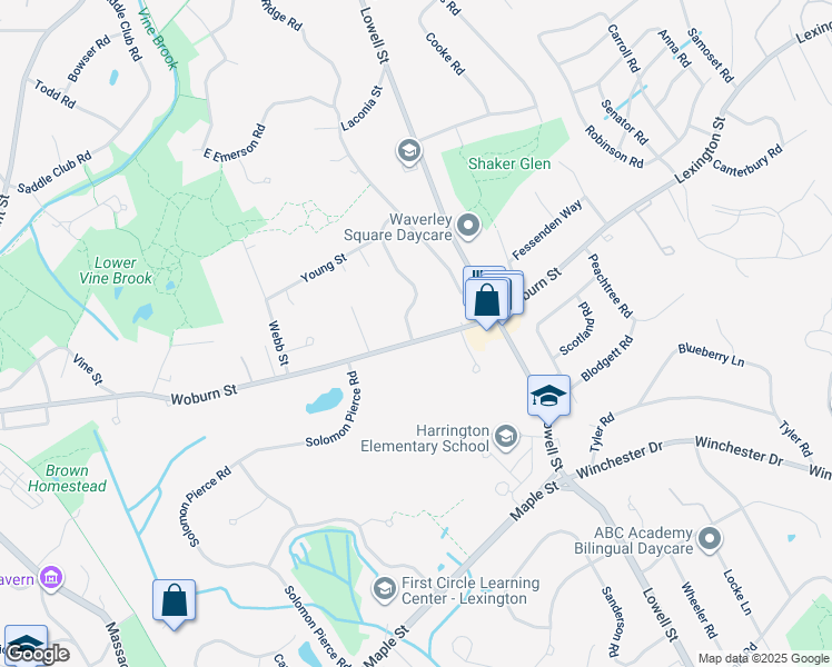 map of restaurants, bars, coffee shops, grocery stores, and more near 280 Woburn Street in Lexington