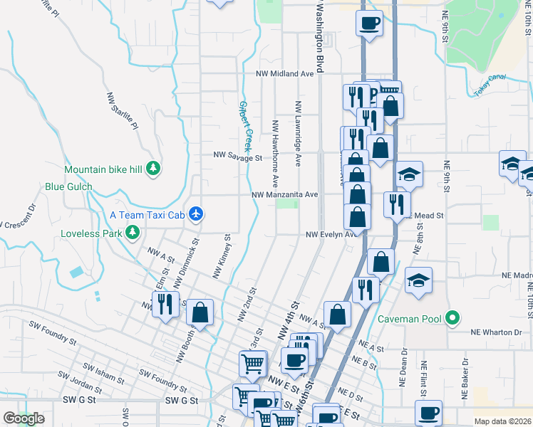map of restaurants, bars, coffee shops, grocery stores, and more near 1016 Northwest Hawthorne Avenue in Grants Pass