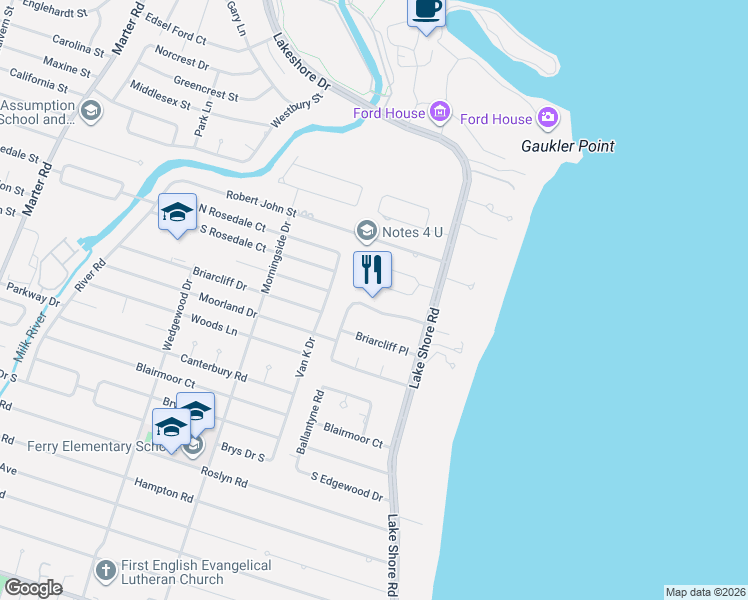 map of restaurants, bars, coffee shops, grocery stores, and more near 50 Stillmeadow Lane in Grosse Pointe Shores