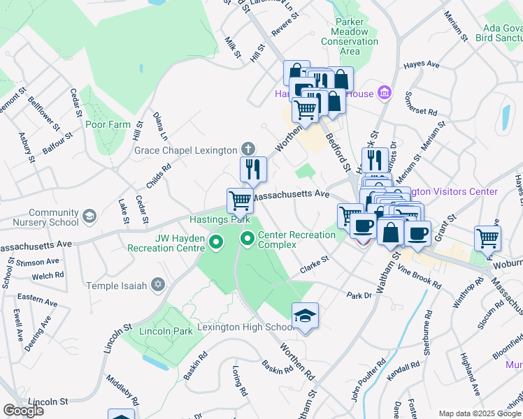 map of restaurants, bars, coffee shops, grocery stores, and more near 5 Parker Street in Lexington