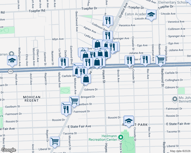 map of restaurants, bars, coffee shops, grocery stores, and more near 14978 Carlisle Street in Detroit