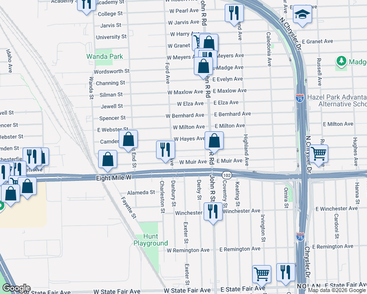 map of restaurants, bars, coffee shops, grocery stores, and more near 155 West George Avenue in Hazel Park