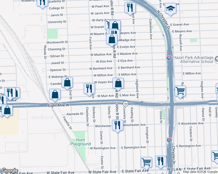 map of restaurants, bars, coffee shops, grocery stores, and more near 58 West George Avenue in Hazel Park