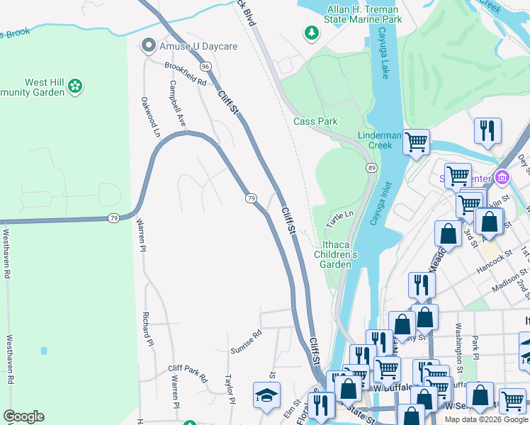 map of restaurants, bars, coffee shops, grocery stores, and more near Hector Street & Vinegar Hill in Ithaca