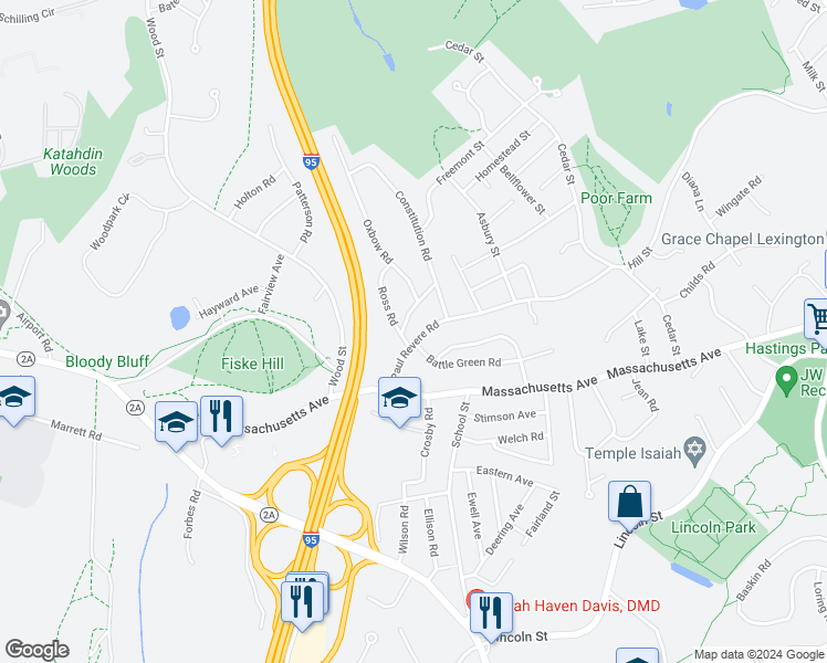 map of restaurants, bars, coffee shops, grocery stores, and more near 1 Revolutionary Road in Lexington