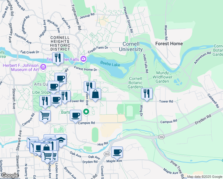 map of restaurants, bars, coffee shops, grocery stores, and more near 237 Mann Drive in Ithaca