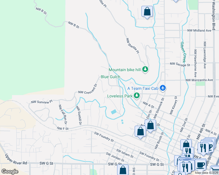 map of restaurants, bars, coffee shops, grocery stores, and more near 1437 Northwest B Street in Grants Pass