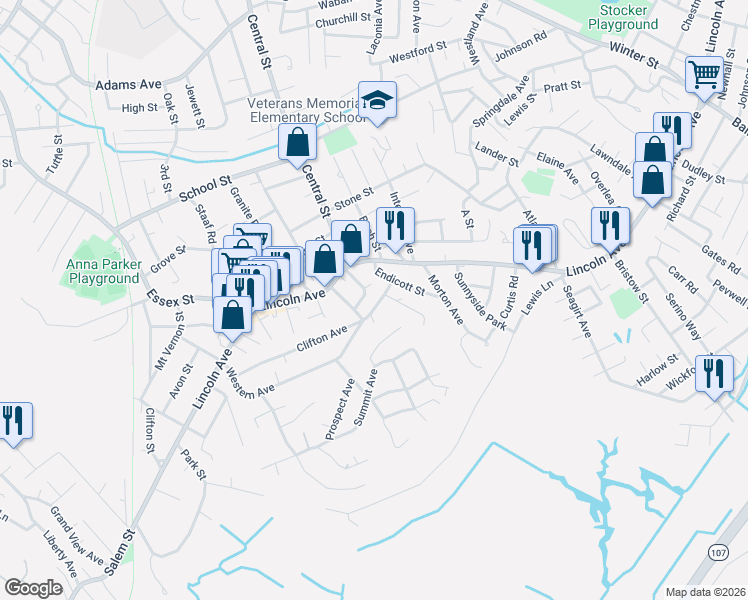 map of restaurants, bars, coffee shops, grocery stores, and more near 16 Clifton Avenue in Saugus