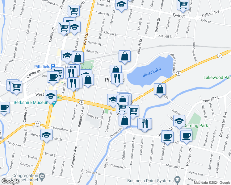 map of restaurants, bars, coffee shops, grocery stores, and more near 33 Fourth Street in Pittsfield