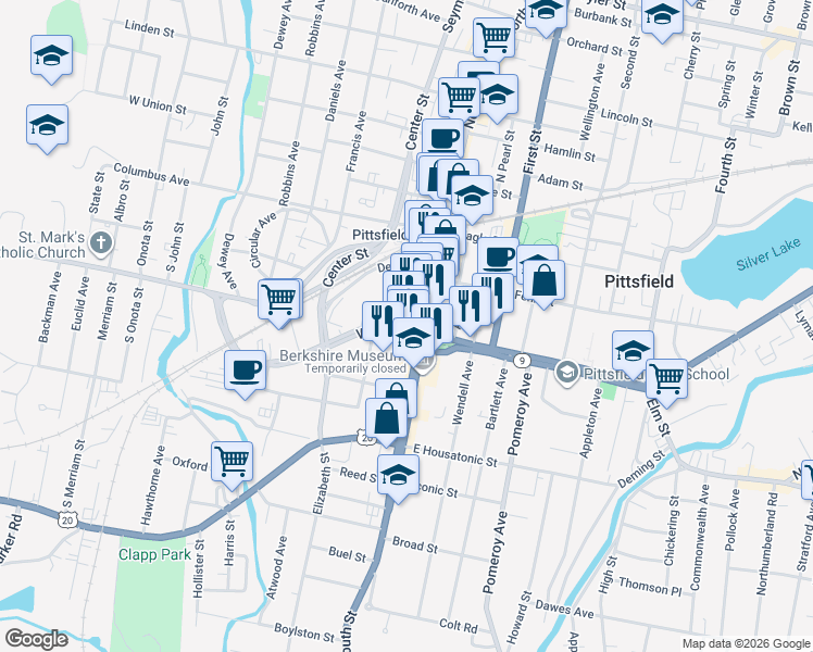 map of restaurants, bars, coffee shops, grocery stores, and more near 5 North Street in Pittsfield