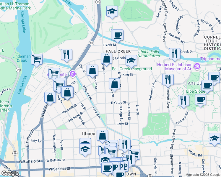 map of restaurants, bars, coffee shops, grocery stores, and more near 402 Utica Street in Ithaca