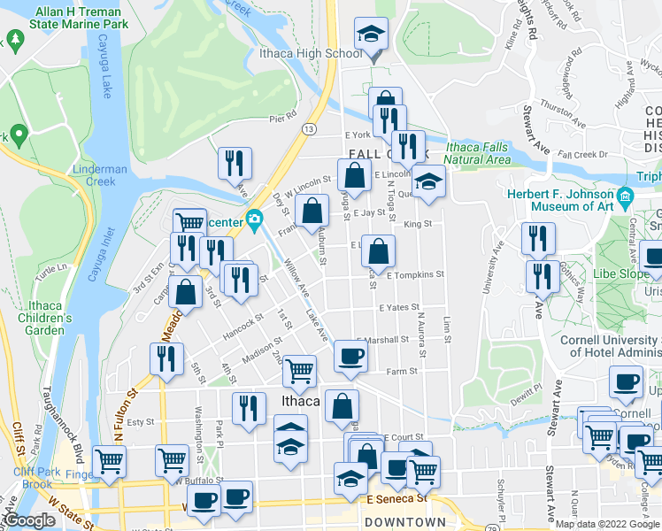 map of restaurants, bars, coffee shops, grocery stores, and more near 104 West Tompkins Street in Ithaca