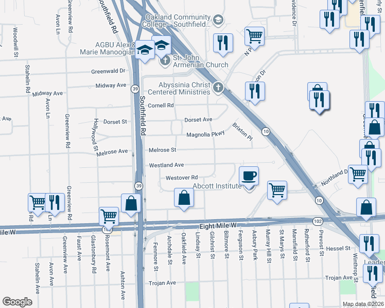 map of restaurants, bars, coffee shops, grocery stores, and more near 17336 Westland Avenue in Southfield
