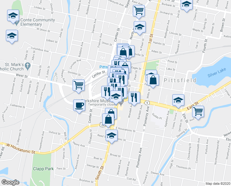 map of restaurants, bars, coffee shops, grocery stores, and more near 7 North Street in Pittsfield