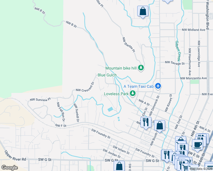 map of restaurants, bars, coffee shops, grocery stores, and more near 1437 Northwest B Street in Grants Pass