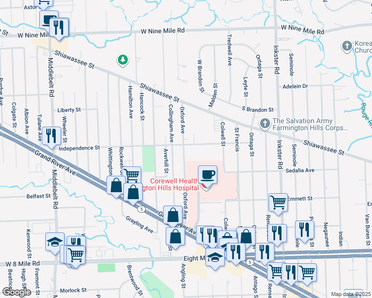 map of restaurants, bars, coffee shops, grocery stores, and more near 21466 Oxford Avenue in Farmington Hills