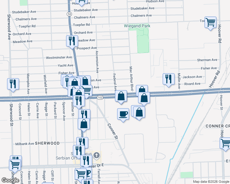 map of restaurants, bars, coffee shops, grocery stores, and more near 8281 Michigan 102 in Warren