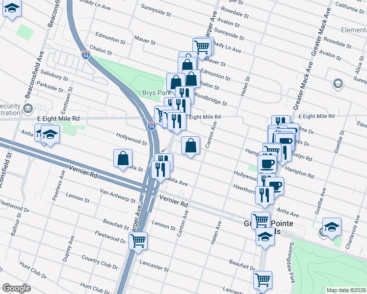 map of restaurants, bars, coffee shops, grocery stores, and more near 20859 Hollywood Street in Harper Woods