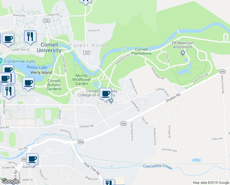 map of restaurants, bars, coffee shops, grocery stores, and more near 240 Farrier Road in Ithaca