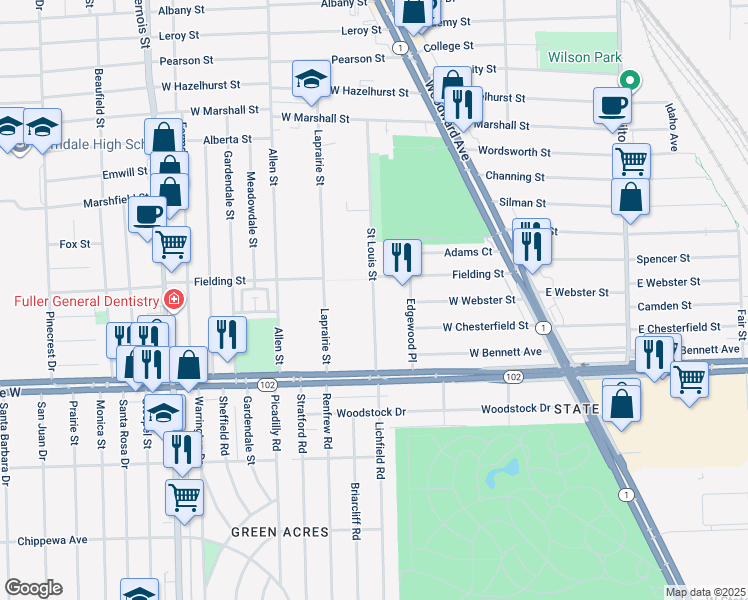 map of restaurants, bars, coffee shops, grocery stores, and more near 368 Saint Louis Street in Ferndale